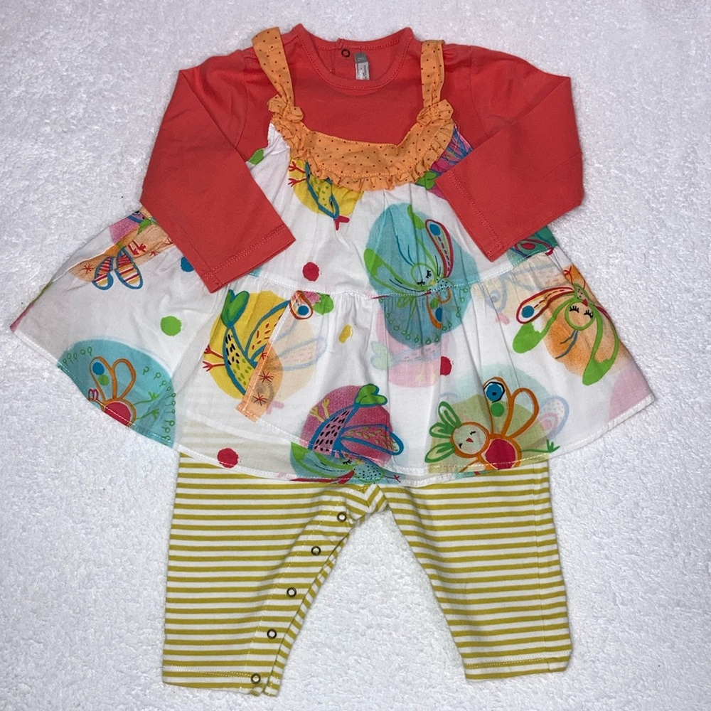 Catimini one piece bird dress romper long sleeves striped bottom 9m